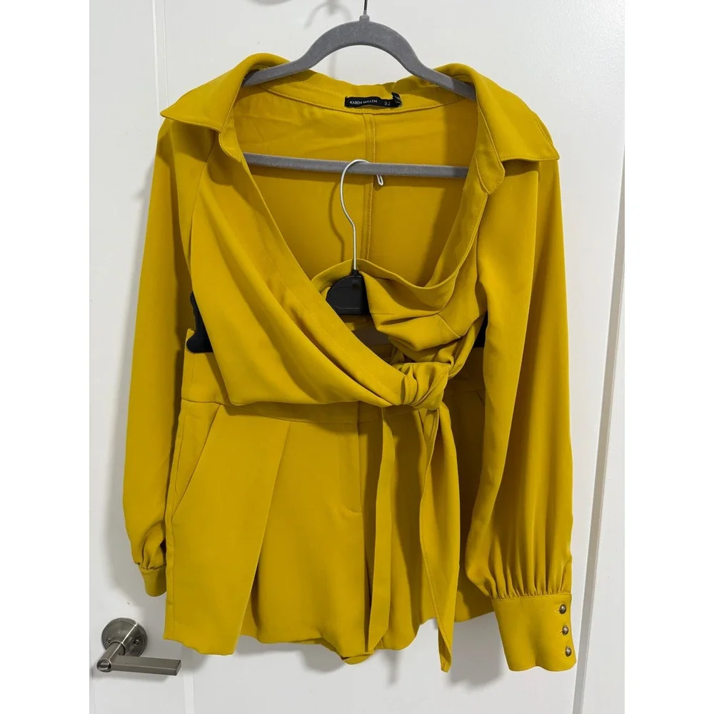 Karen Millen Top & Shorts Set Mustard Yellow‎ Long Sleeve Belted US 4